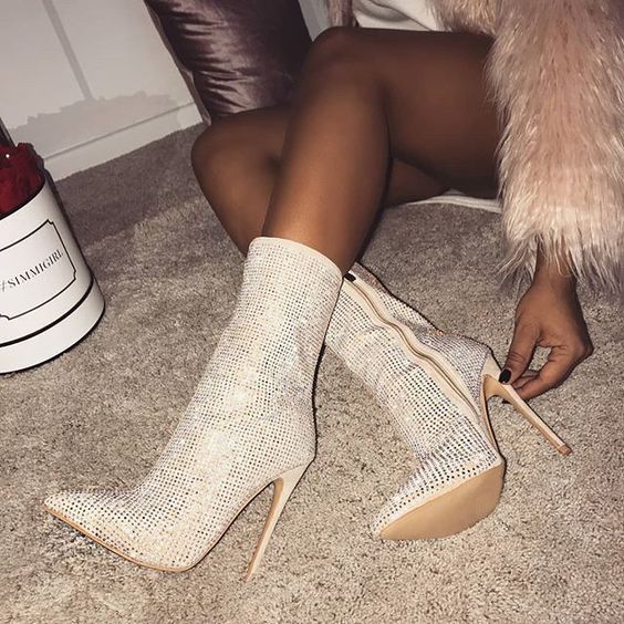 Bottes daim talon haut en strass à fermeture éclair latérale