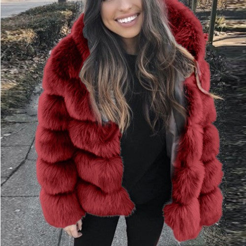 Manteau automne hiver fausse fourrure de renard à capuche - Chic&Shines