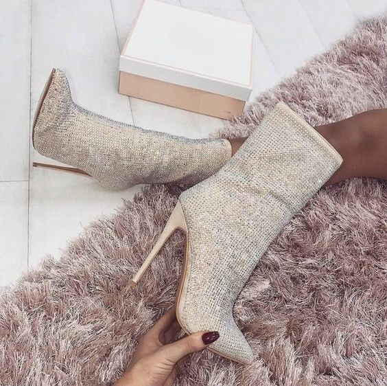 Bottes daim talon haut en strass à fermeture éclair latérale - Chic&Shines