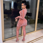 Mini robe moulante manches longues à fermeture éclair découpe asymétrique sexy