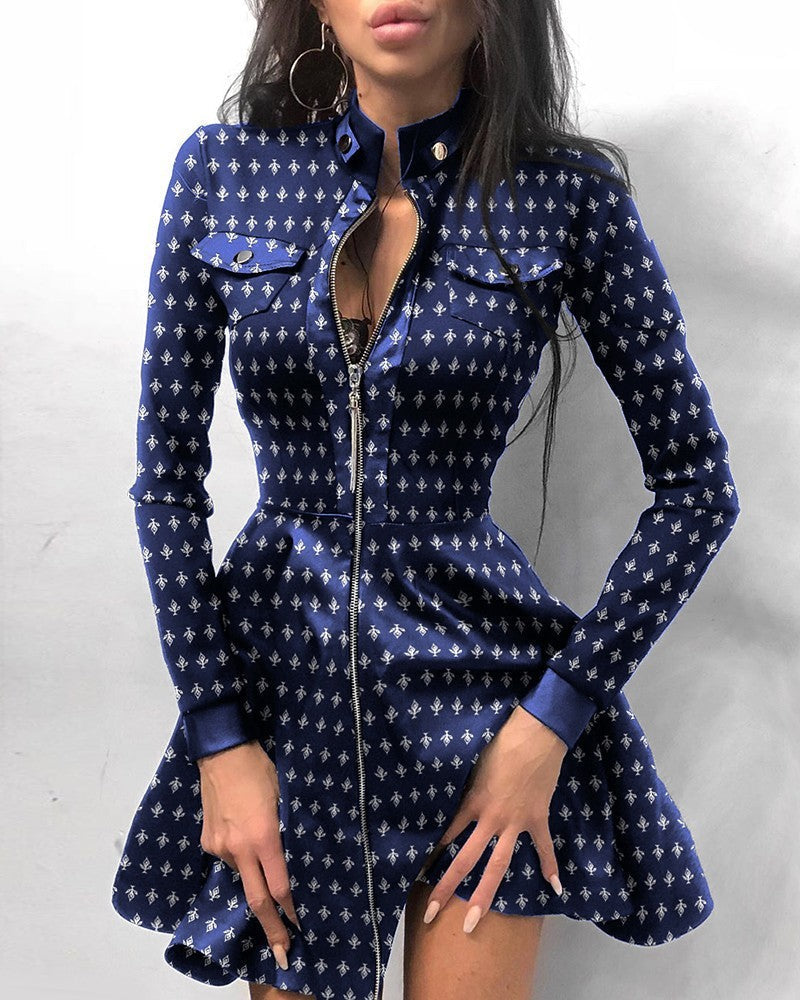 Robe courte manches longues col haut à fermeture éclair - Chic&Shines