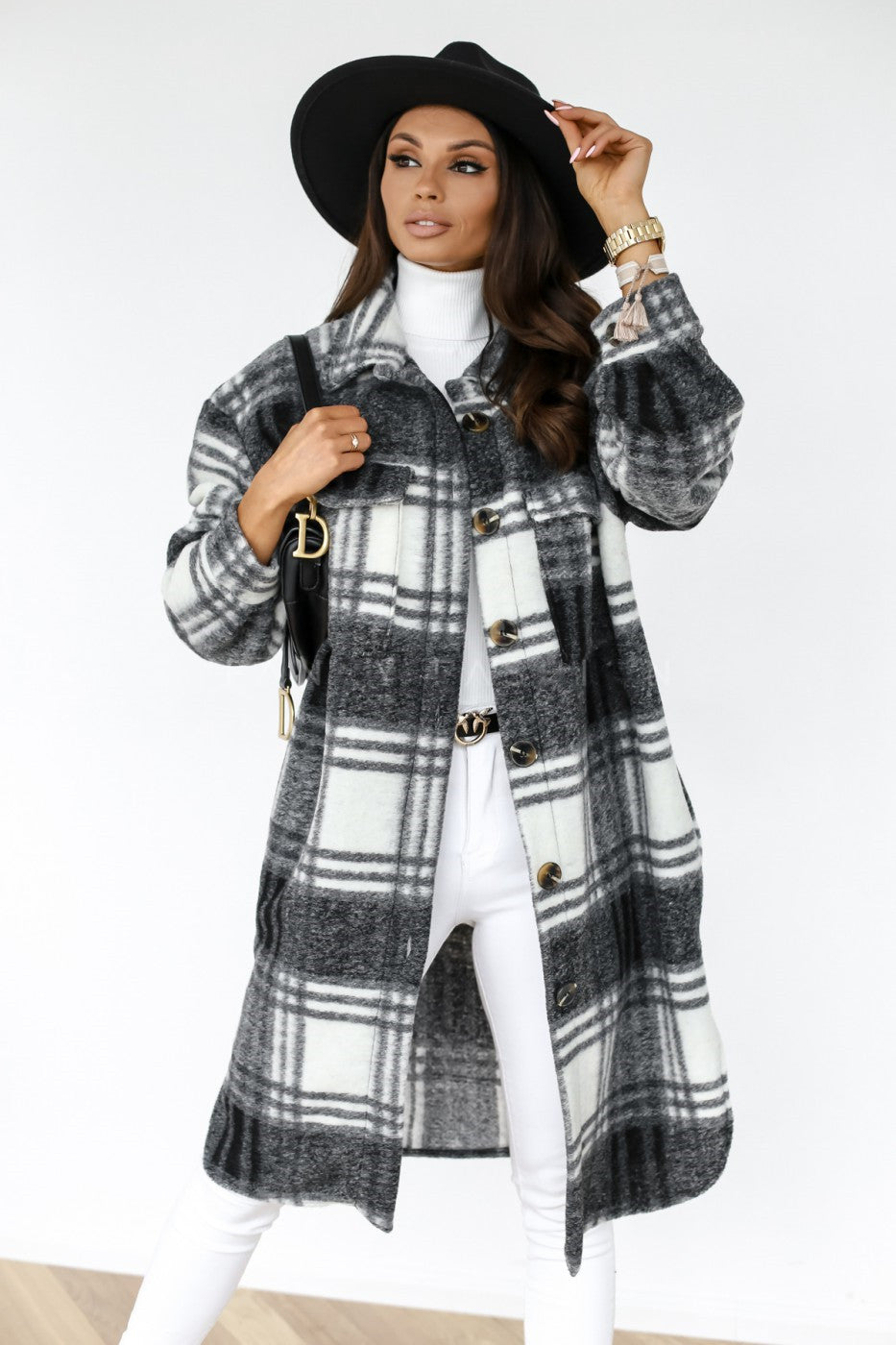 Manteau à carreaux hiver manches longues boutonné - Chic&Shines