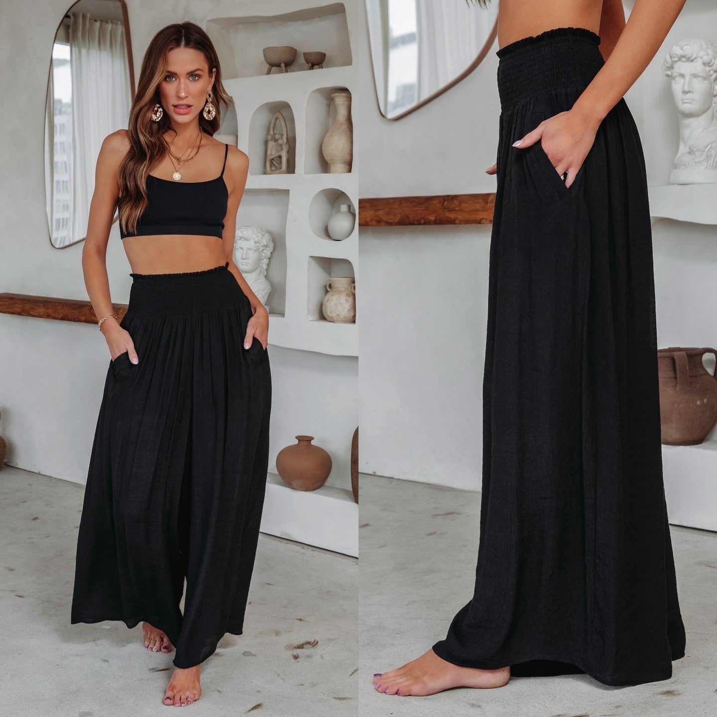 Pantalon coton taille haute ample