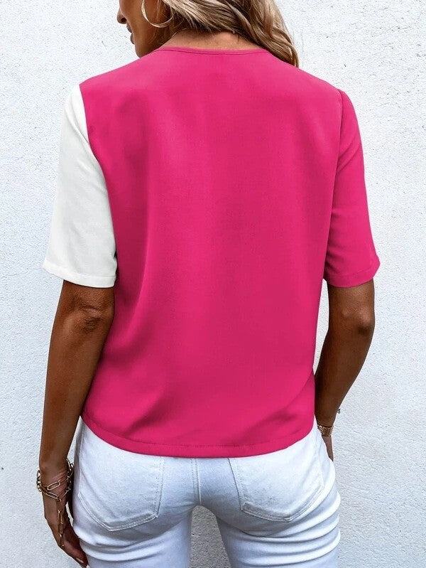 Two-tone V-neck short sleeve blouse