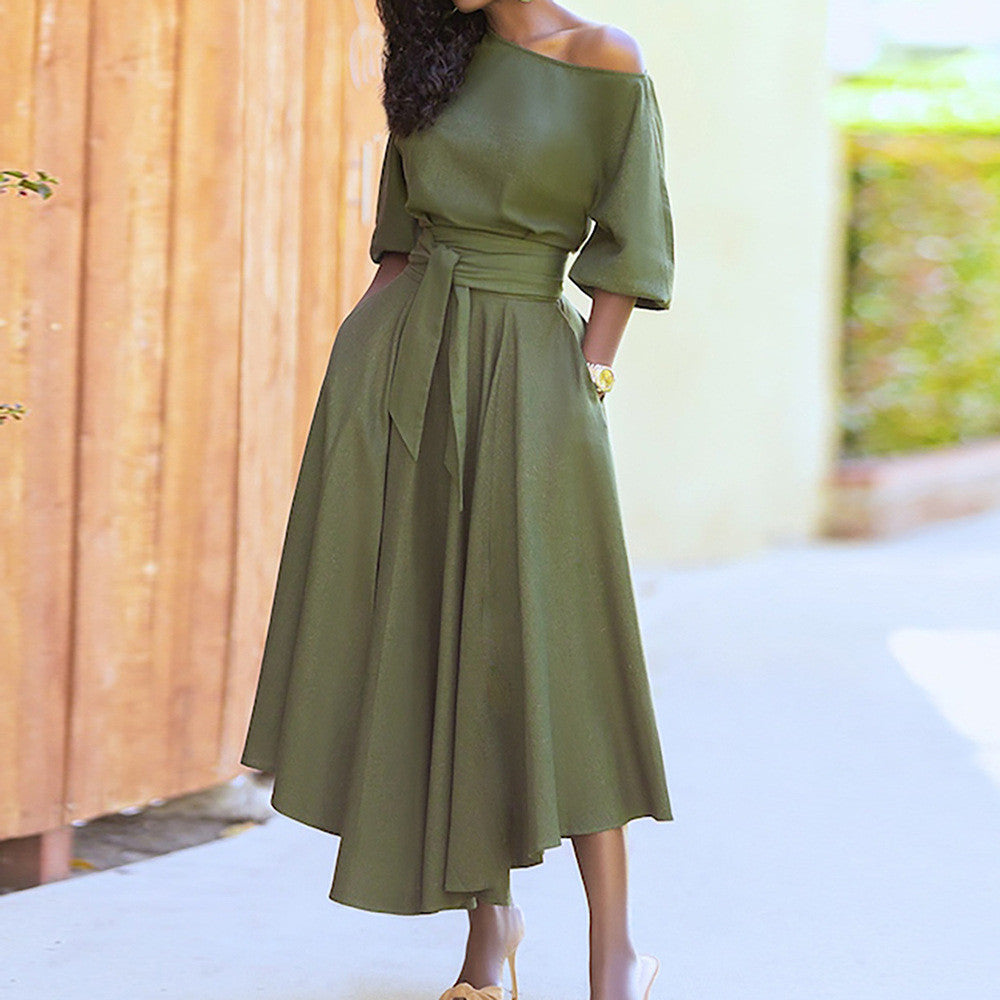 Robe longue irrégulière épaule inclinée manches longues lanterne - Chic&Shines