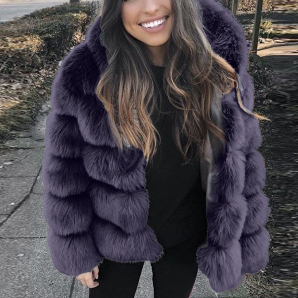 Manteau automne hiver fausse fourrure de renard à capuche - Chic&Shines