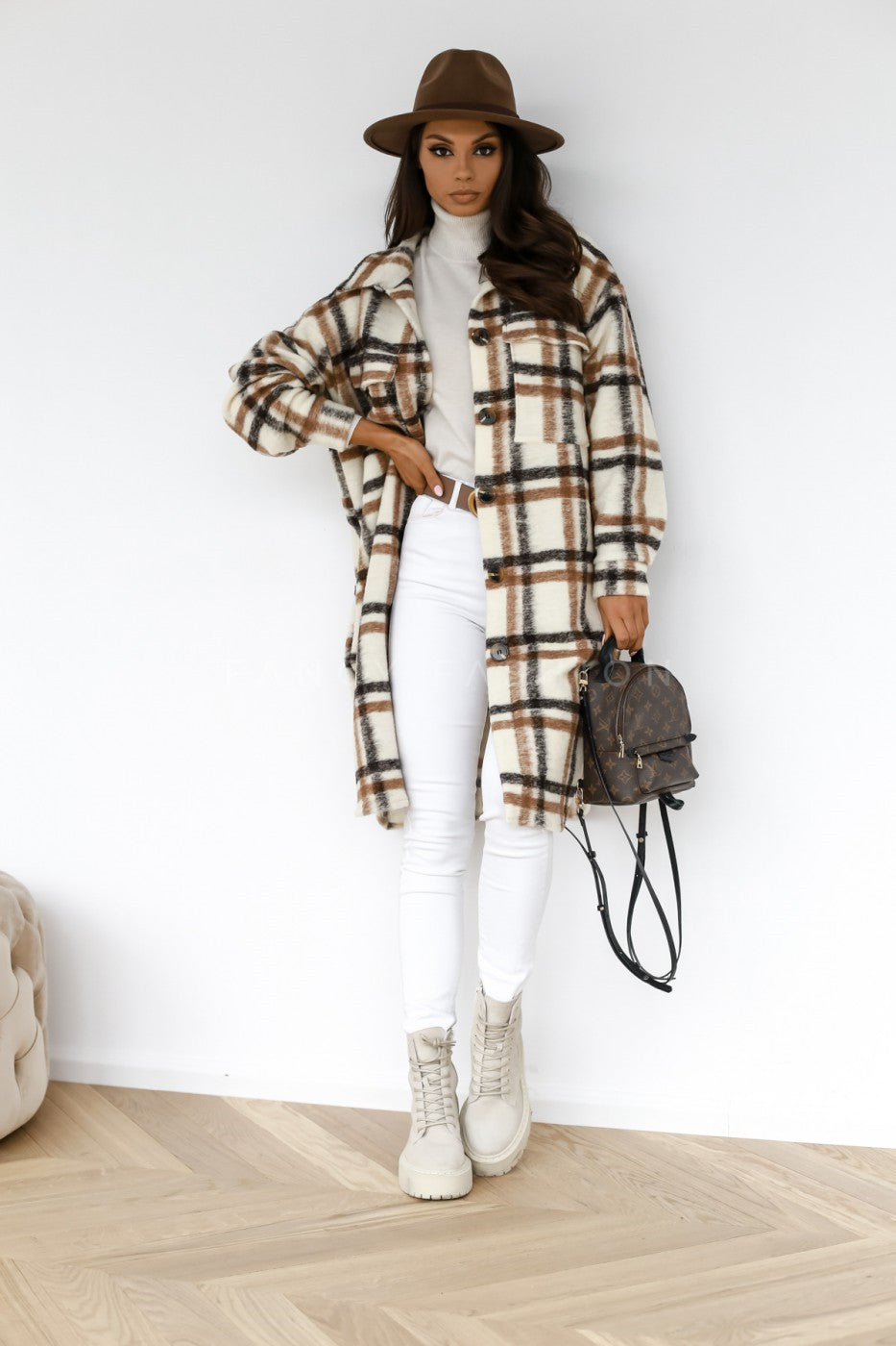 Manteau à carreaux hiver manches longues boutonné - Chic&Shines