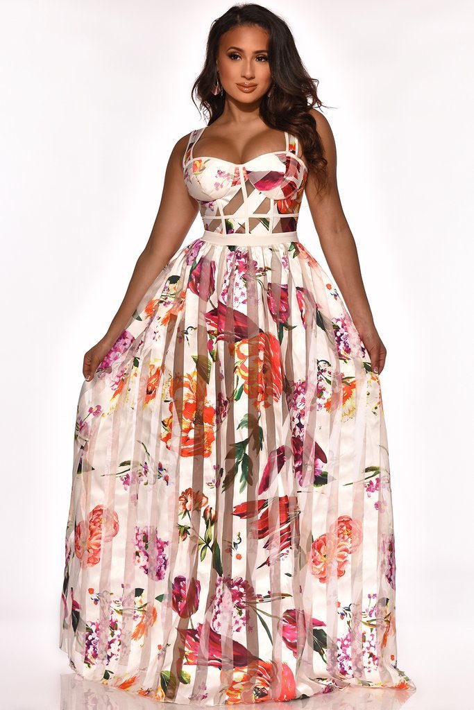 Robe longue à bretelle en maille transparente imprimé fleur - Chic&Shines