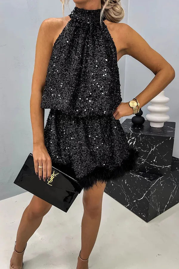 Robe Courte De Soirée En Plumes Et Paillette