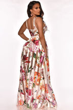 Robe longue à bretelle en maille transparente imprimé fleur