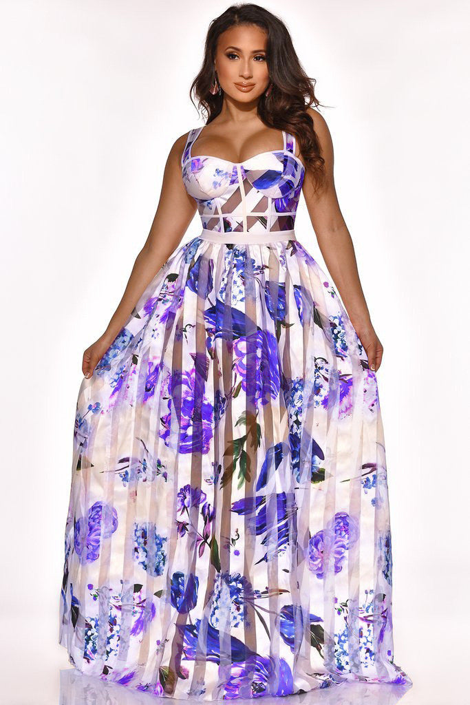 Robe longue à bretelle en maille transparente imprimé fleur - Chic&Shines