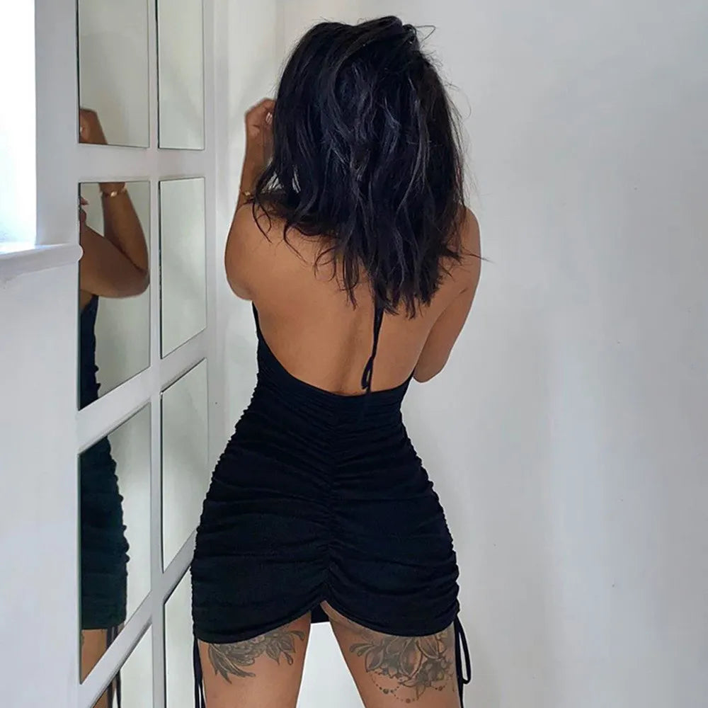 Mini Robe D'été Col Licou Dos Nu Cordon De Serrage