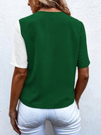 Two-tone V-neck short sleeve blouse