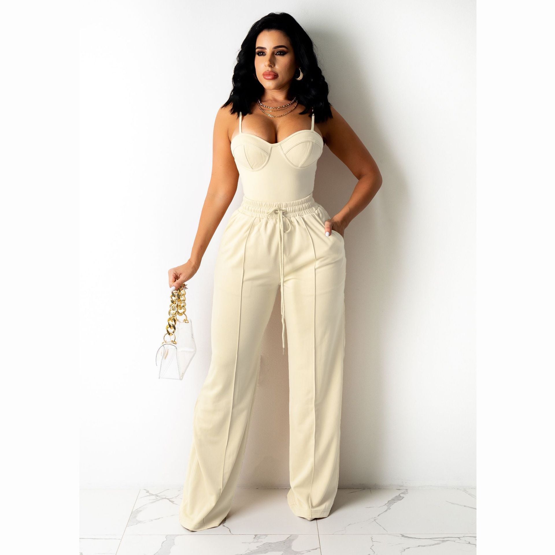 Ensemble haut à bretelle sans manches et pantalon large unie - Chic&Shines