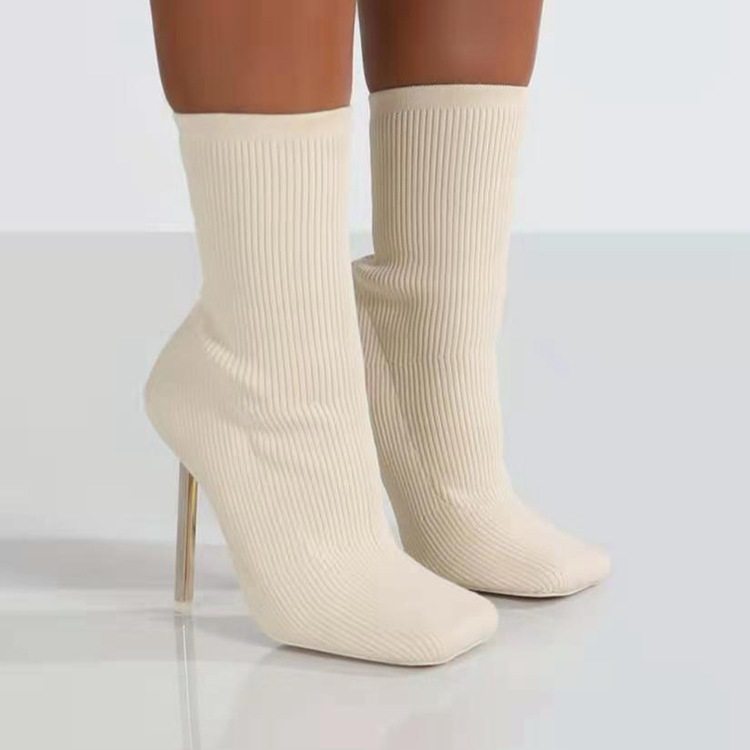 Bottes talon stiletto hauteur cheville bout carré tricoter élastique - Chic&Shines