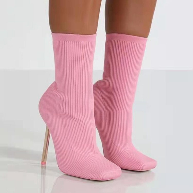 Bottes talon stiletto hauteur cheville bout carré tricoter élastique - Chic&Shines