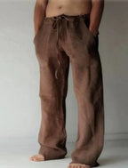Pantalon ample en lin marron pour homme, taille élastique avec cordon, style décontracté, idéal pour l'été et les tenues décontractées.