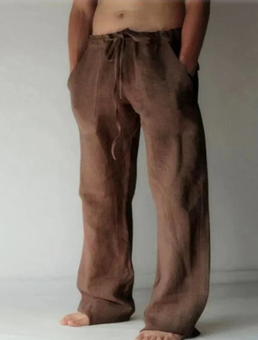 Pantalon ample en lin marron pour homme, taille élastique avec cordon, style décontracté, idéal pour l'été et les tenues décontractées.