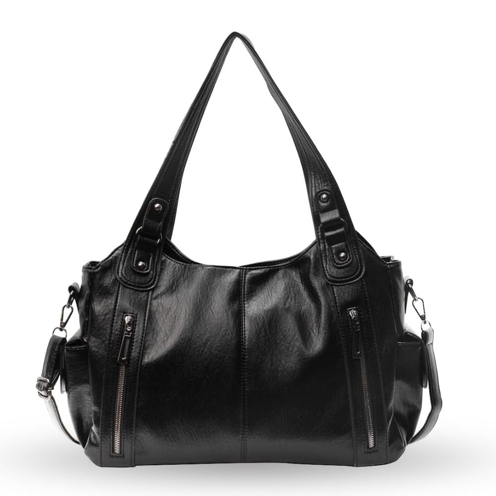 Sac à main en cuir noir élégant avec bandoulières, poches zippées et finitions métalliques. Accessoire mode femme chic et pratique.