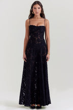 Robe longue Kira pour femme – Élégante robe en dentelle noire ornée de fleurs et à la coupe flatteuse