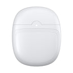 Boîtier de charge sans fil blanc pour écouteurs, design compact et moderne, idéal pour le rangement et la recharge rapide des écouteurs Bluetooth.