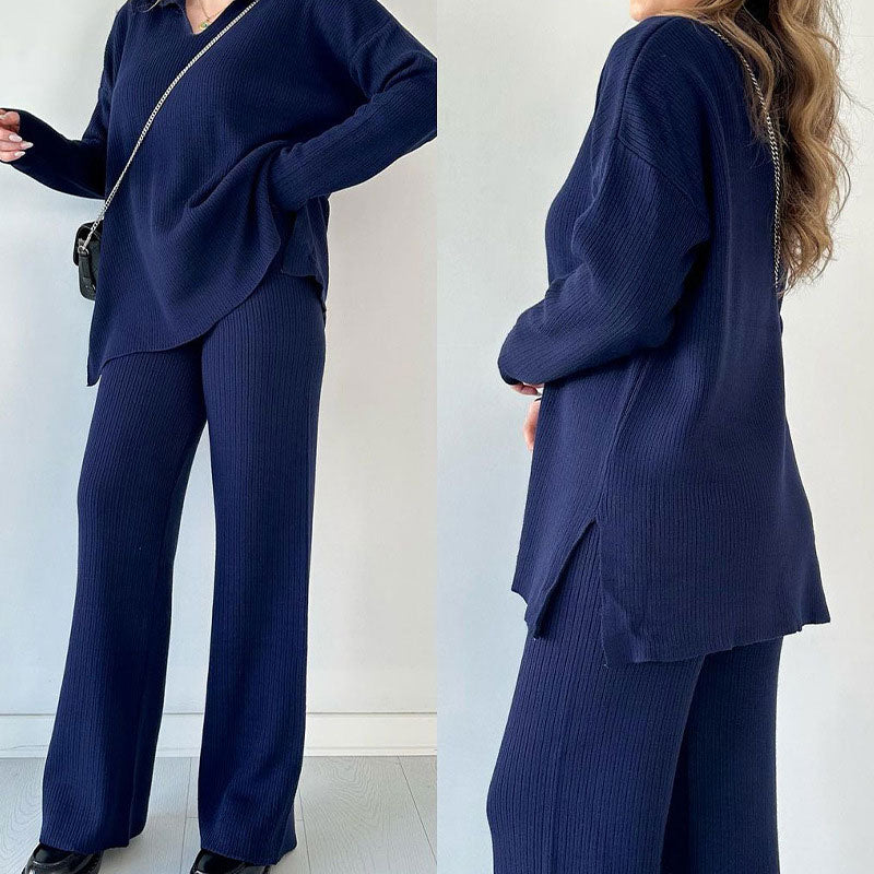 Tenue élégante en maille bleu marine pour femme, comprenant un pull ample et un pantalon large. Mode automne-hiver, style décontracté et chic.
