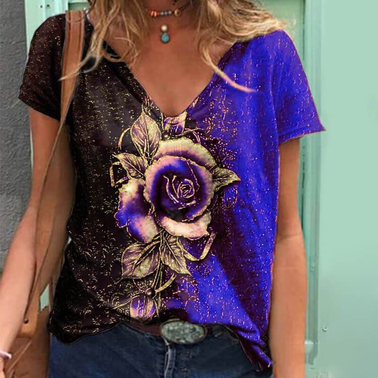 t-shirt 3D Rose Imprimé Manches Courtes Ample