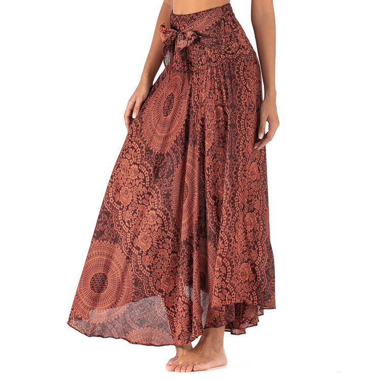 Jupe longue bohème rouge à motifs mandala, taille haute avec nœud, style décontracté et élégant, idéale pour l'été et les occasions spéciales.