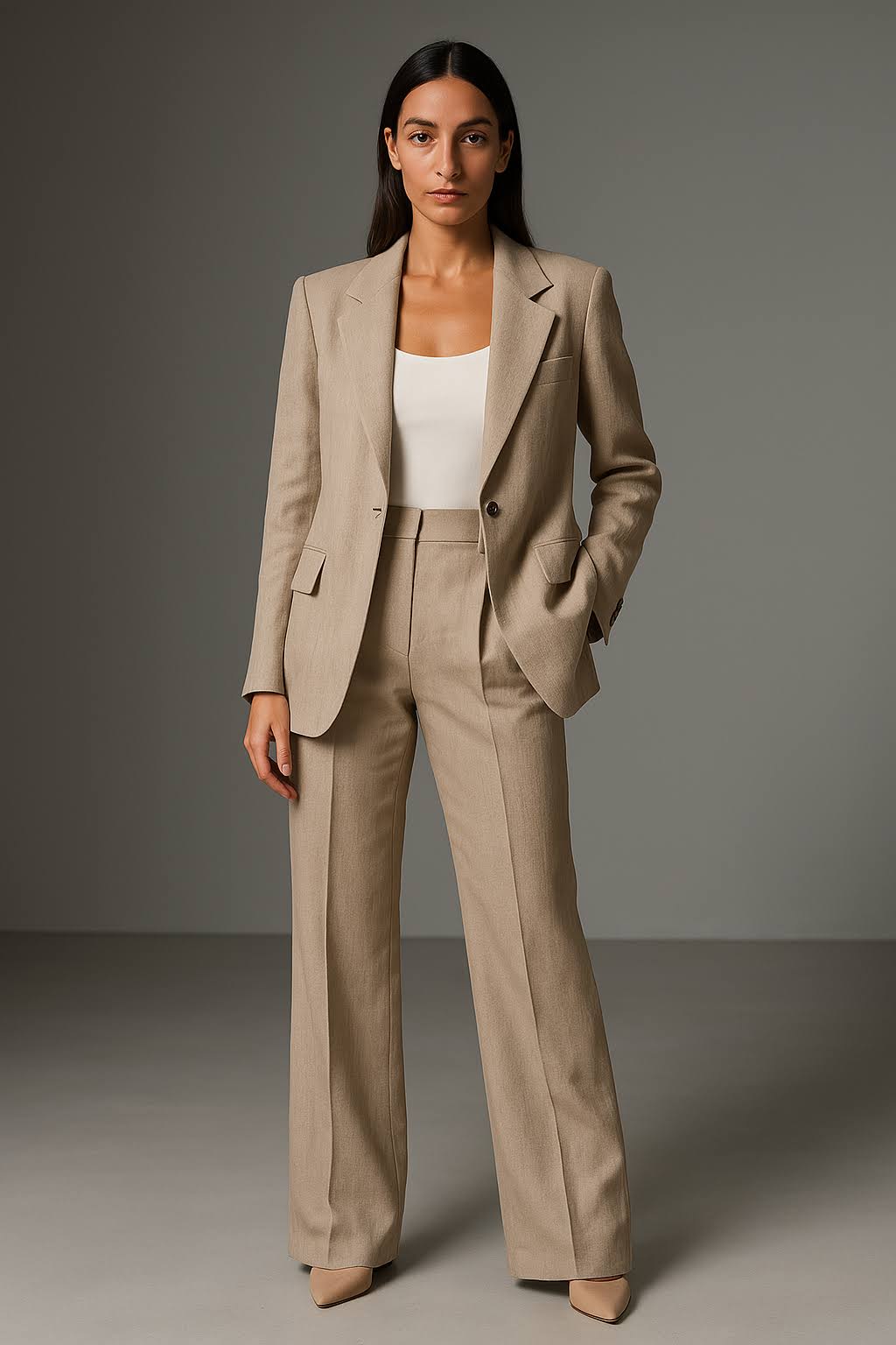 Femme portant un costume beige élégant, veste et pantalon assortis, sur fond neutre. Mode professionnelle, tenue de bureau chic, style moderne.