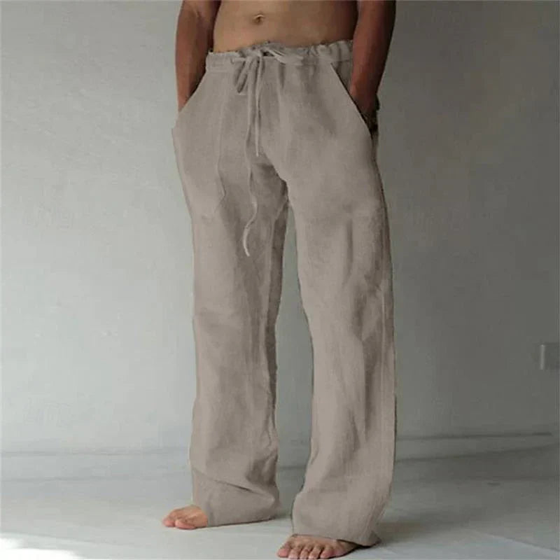 Pantalon ample en lin beige pour homme, style décontracté, avec cordon de serrage, poches latérales, idéal pour l'été et les tenues décontractées.