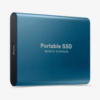 Disque SSD portable bleu, stockage mobile haute vitesse, connectique USB-C, design compact et léger, idéal pour sauvegarde et transfert de données.