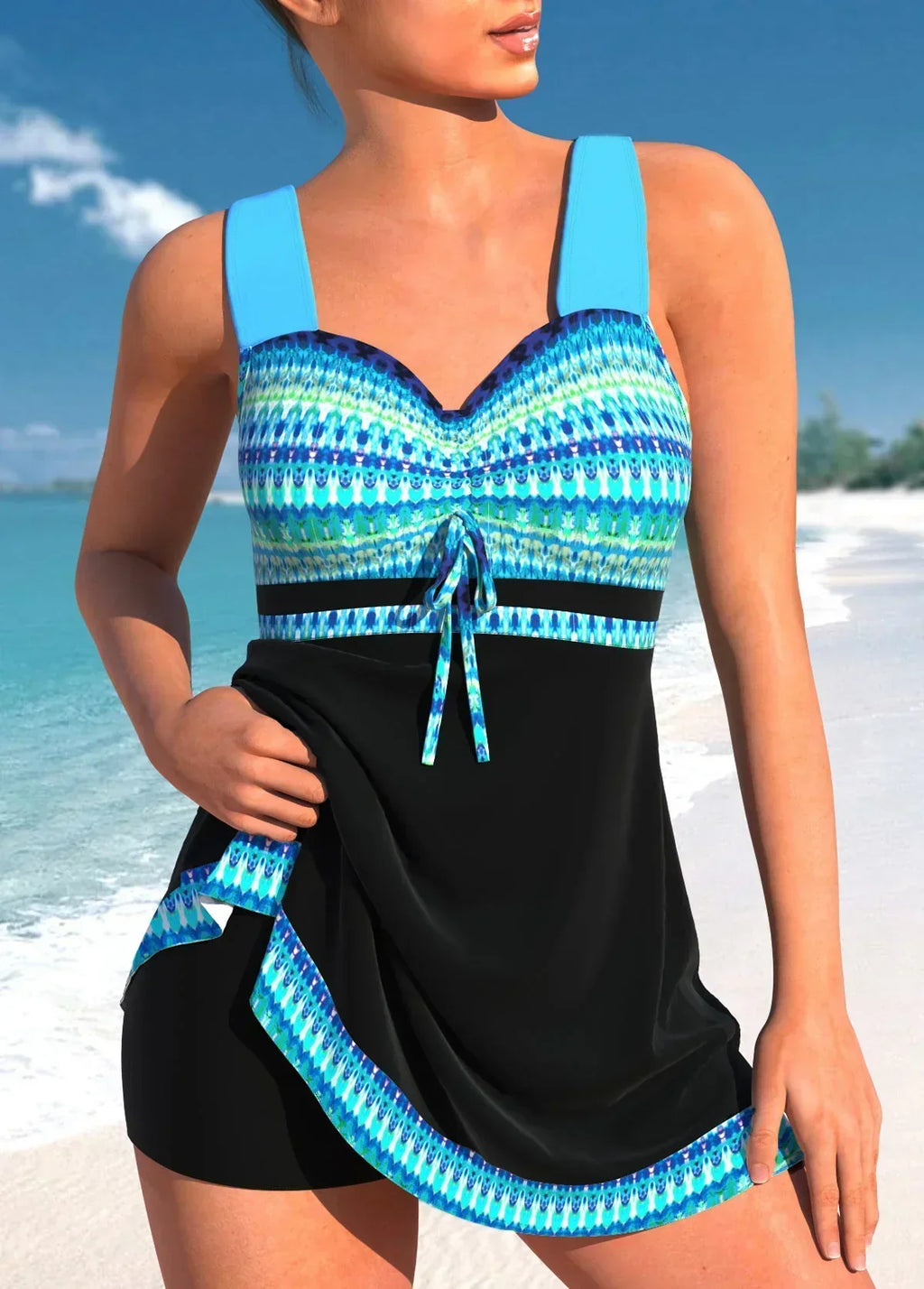 Femme en maillot de bain bleu et noir à motifs géométriques, sur une plage ensoleillée. Mode plage, tenue d'été, vacances tropicales.
